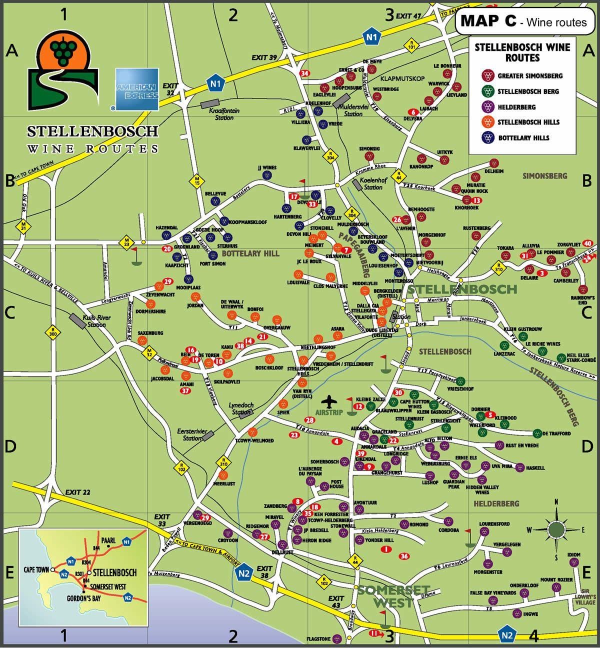 mapa da ruta do viño guión Cidade do Cabo