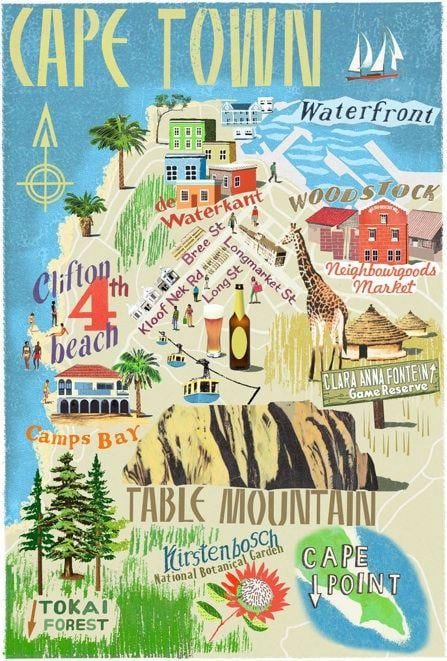 mapa de catro atraccións en un mapa da Cidade do Cabo
