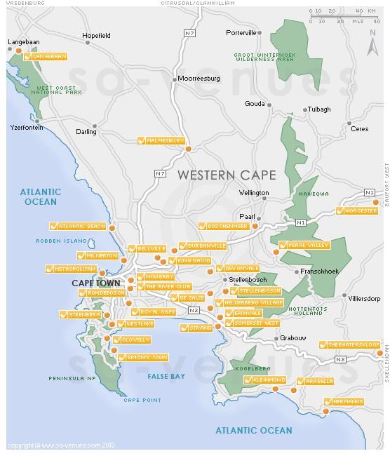 mapa de Cidade do Cabo, campos de golf 