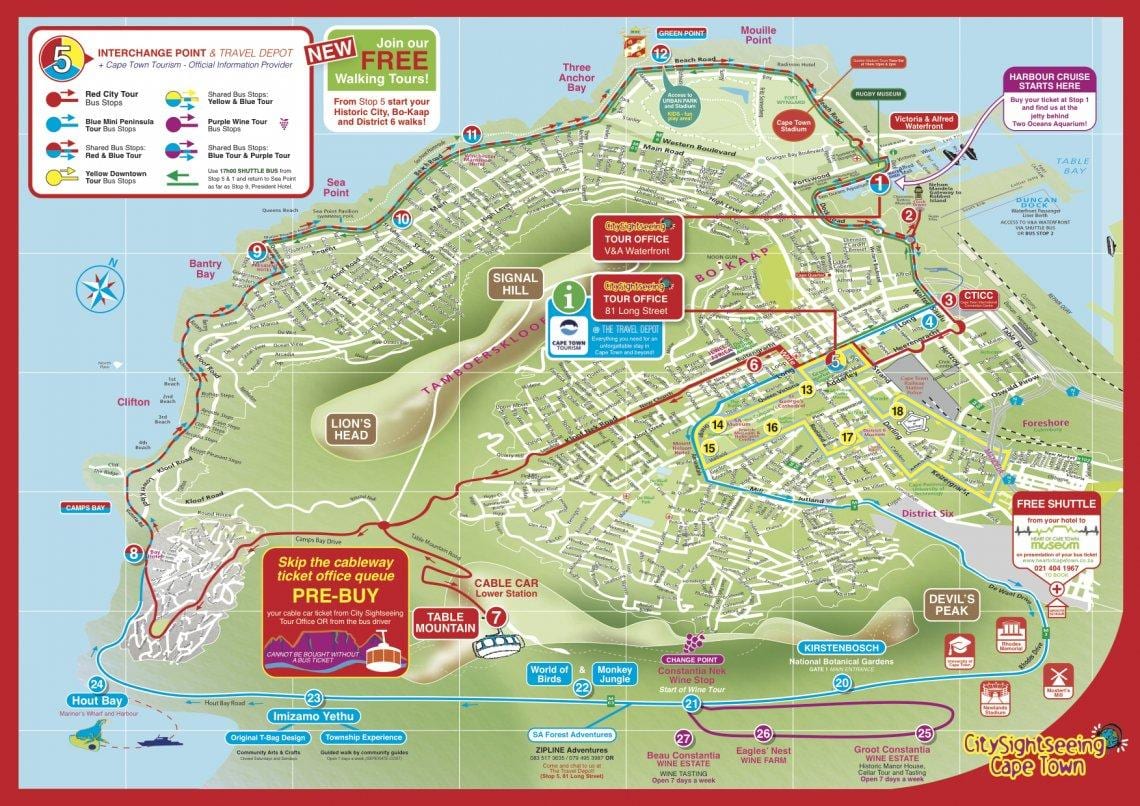mapa de Cidade do Cabo cidade de turismo de autobuses