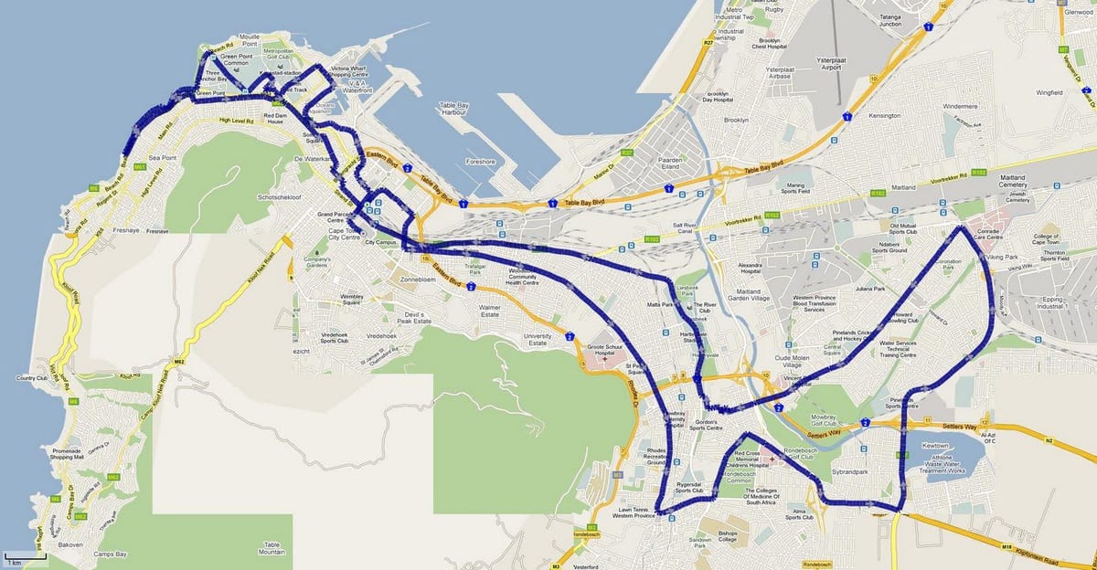 mapa de Cidade do Cabo maratón ruta