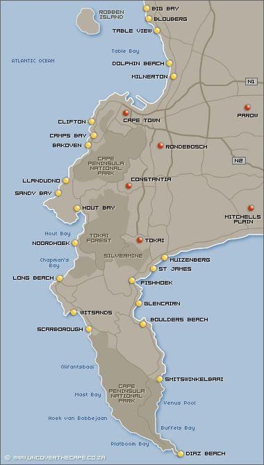 mapa de Cidade do Cabo praias