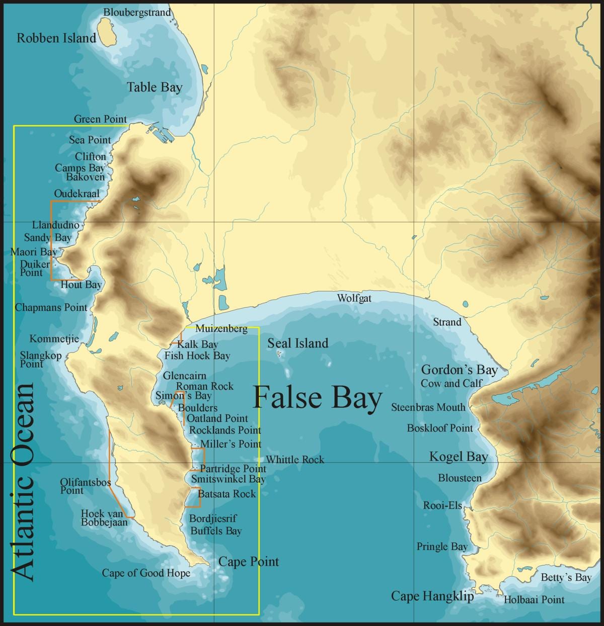 mapa de false bay Cidade do Cabo