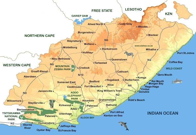 mapa de eastern Cape Cidades