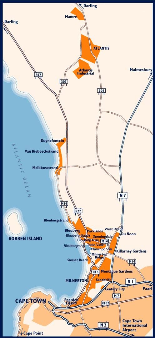 mapa de praia a oeste Cidade do Cabo