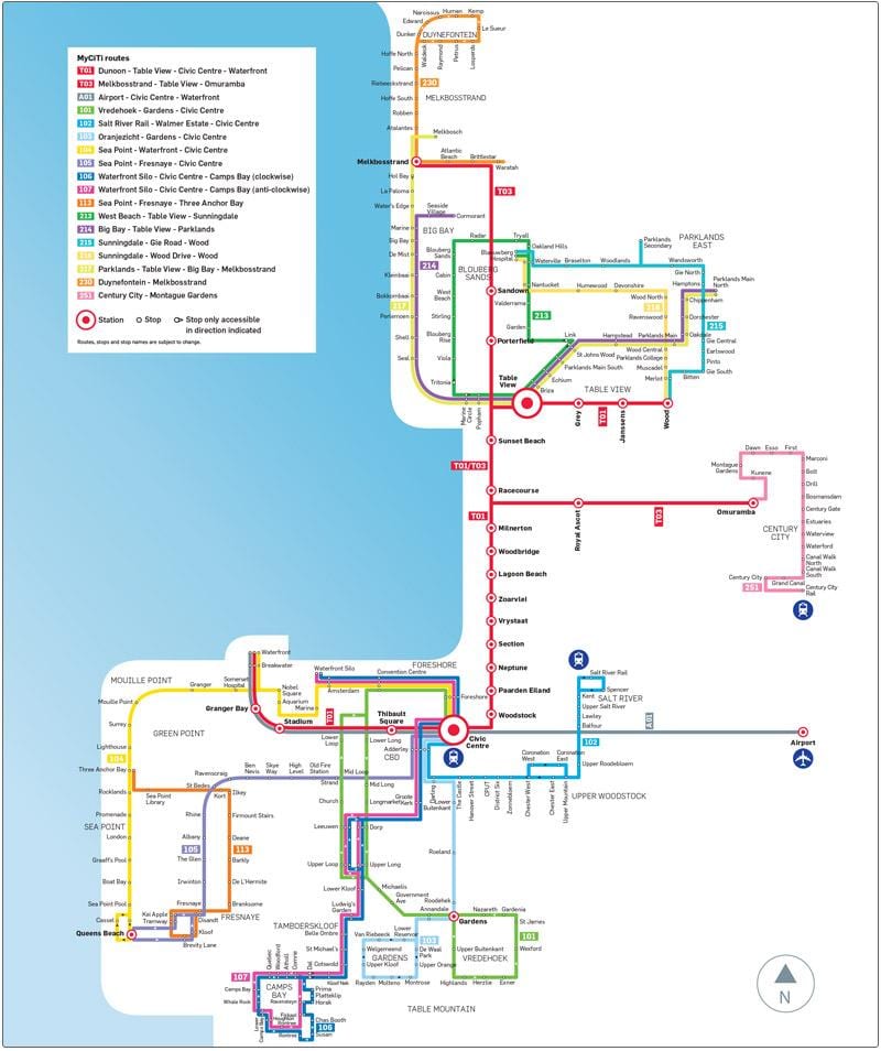 Cidade do cabo myciti ruta de autobús mapa