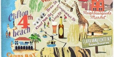 Mapa de catro atraccións en un mapa da Cidade do Cabo
